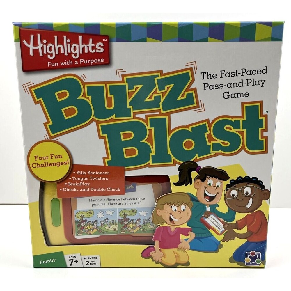 Highlights Buzz Blast Game Age 7+ 2+Players 4-n-1 Challenges Brain Games